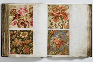 Calico: Pages from a book of textile samples, annotated by hand with