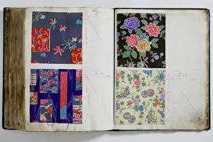 Calico: Pages from a book of textile samples, annotated by hand with