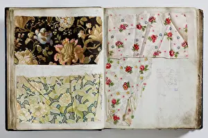 Calico: Pages from a book of textile samples, annotated by hand with