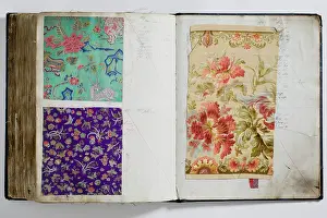 Calico: Pages from a book of textile samples, annotated by hand with