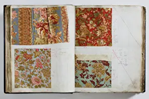 Calico: Pages from a book of textile samples, annotated by hand with