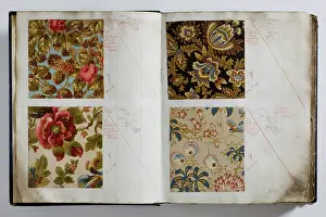 Calico: Pages from a book of textile samples, annotated by hand with