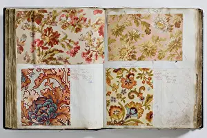 Calico: Pages from a book of textile samples, annotated by hand with