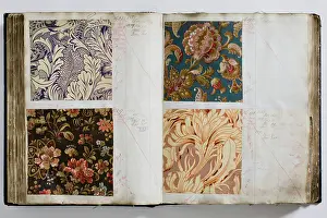Calico: Pages from a book of textile samples, annotated by hand with