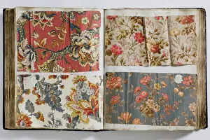 Calico: Pages from a book of textile samples, annotated by hand with