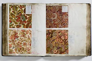 Calico: Pages from a book of textile samples, annotated by hand with