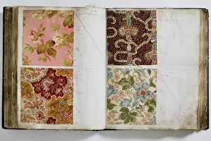 Calico: Pages from a book of textile samples, annotated by hand with
