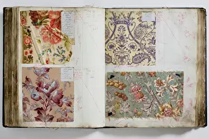 Calico: Pages from a book of textile samples, annotated by hand with