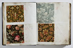 Calico: Pages from a book of textile samples, annotated by hand with