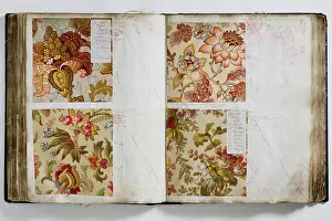 Calico: Pages from a book of textile samples, annotated by hand with