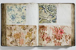 Calico: Pages from a book of textile samples, annotated by hand with