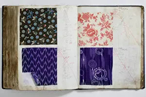 Calico: Pages from a book of textile samples, annotated by hand with