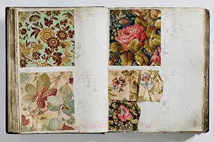 Calico: Pages from a book of textile samples, annotated by hand with