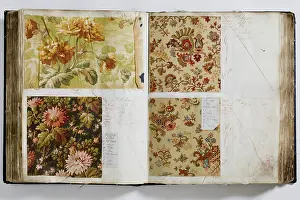 Calico: Pages from a book of textile samples, annotated by hand with