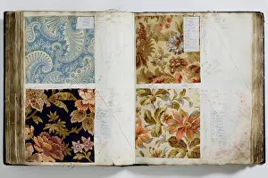 Calico: Pages from a book of textile samples, annotated by hand with