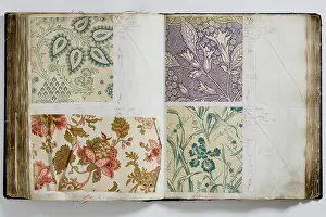 Calico: Pages from a book of textile samples, annotated by hand with