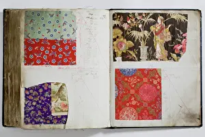 Calico: Pages from a book of textile samples, annotated by hand with