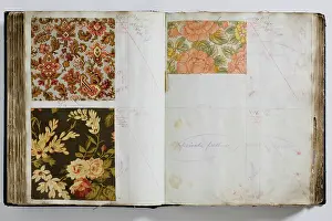 Calico: Pages from a book of textile samples, annotated by hand with