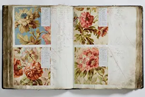 Calico: Pages from a book of textile samples, annotated by hand with