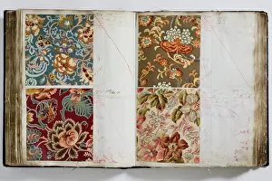 Calico: Pages from a book of textile samples, annotated by hand with