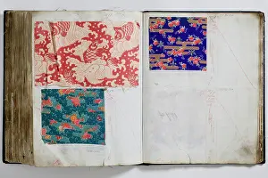Calico: Pages from a book of textile samples, annotated by hand with