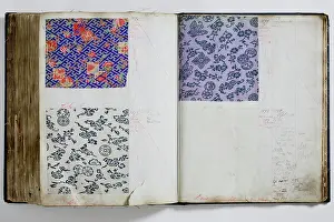 Calico: Pages from a book of textile samples, annotated by hand with