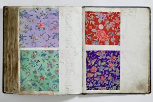 Calico: Pages from a book of textile samples, annotated by hand with