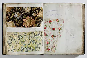 Calico: Pages from a book of textile samples, annotated by hand with