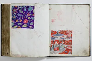 Calico: Pages from a book of textile samples, annotated by hand with