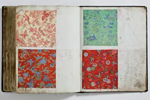 Calico: Pages from a book of textile samples, annotated by hand with