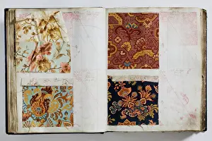 Calico: Pages from a book of textile samples, annotated by hand with