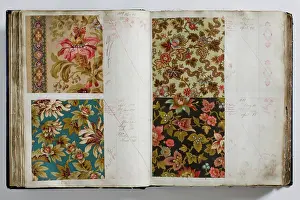 Calico: Pages from a book of textile samples, annotated by hand with