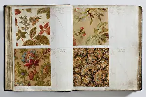 Calico: Pages from a book of textile samples, annotated by hand with