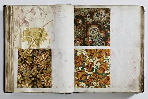 Calico: Pages from a book of textile samples, annotated by hand with