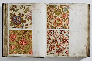 Calico: Pages from a book of textile samples, annotated by hand with