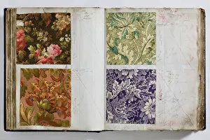 Calico: Pages from a book of textile samples, annotated by hand with