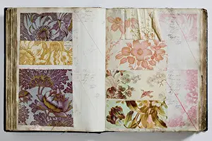 Calico: Pages from a book of textile samples, annotated by hand with