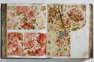 Calico: Pages from a book of textile samples, annotated by hand with