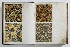 Calico: Pages from a book of textile samples, annotated by hand with