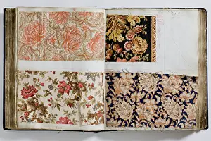 Calico: Pages from a book of textile samples, annotated by hand with