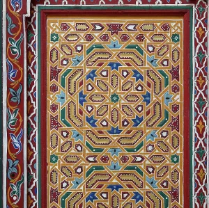 Zillij: Painted wooden panel, riad, Tetouan, Morocco