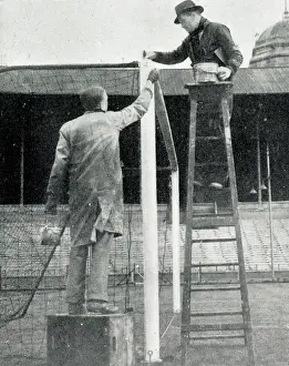 Wembley: Painting goalposts for FA Cup Final, Wembley Stadium