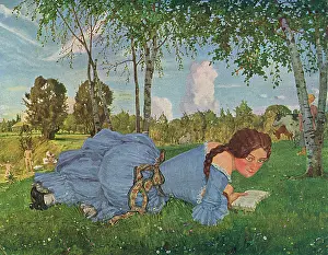 Painting of a young woman in a blue dress