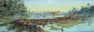 Searching: A pair of Allosaurus dinosaurs explore the remains of a ?