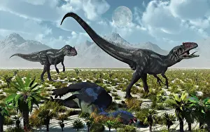 Defending: A pair of Allosaurus dinosaurs kill a Camptosaurus dinosaur