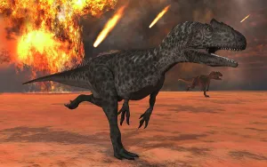 Blazing: A pair of Allosaurus dinosaurs running from the site of ?