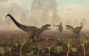 Prowling: A pair of Allosaurus dinosaurs tracking down a lone ?