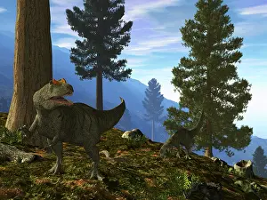 Evergreen: A pair of Allosaurus search for a meal along a mountainside