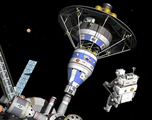 Satellites: A pair of astronauts perform an inspection of a manned Mars