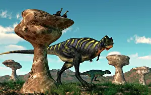 Volans: A pair of Aucasaurus dinosaurs walk amongst a forest of ?